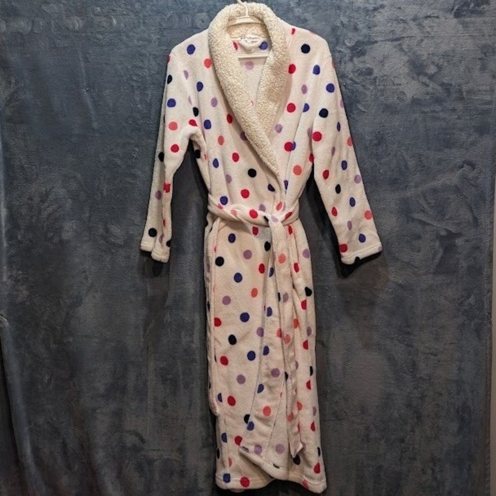 Dearfoams Womens White Polka Dot Plush Fleece Robe Sherpa Collar Pockets Large